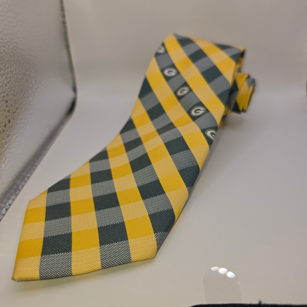 NFL Green Bay Packers Necktie Mens OS Yellow Green Gingham Plaid Logo Tie